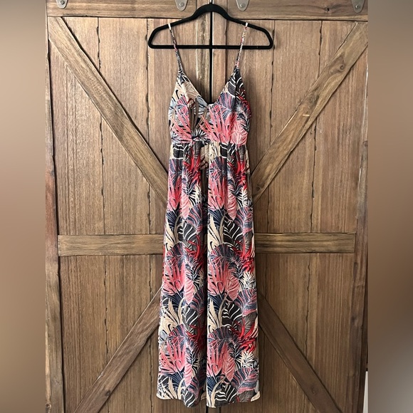 Japna Tropical Floral Leaf Print Smocked Back Spaghetti Strap Maxi Dress Sz XS - Picture 3 of 7